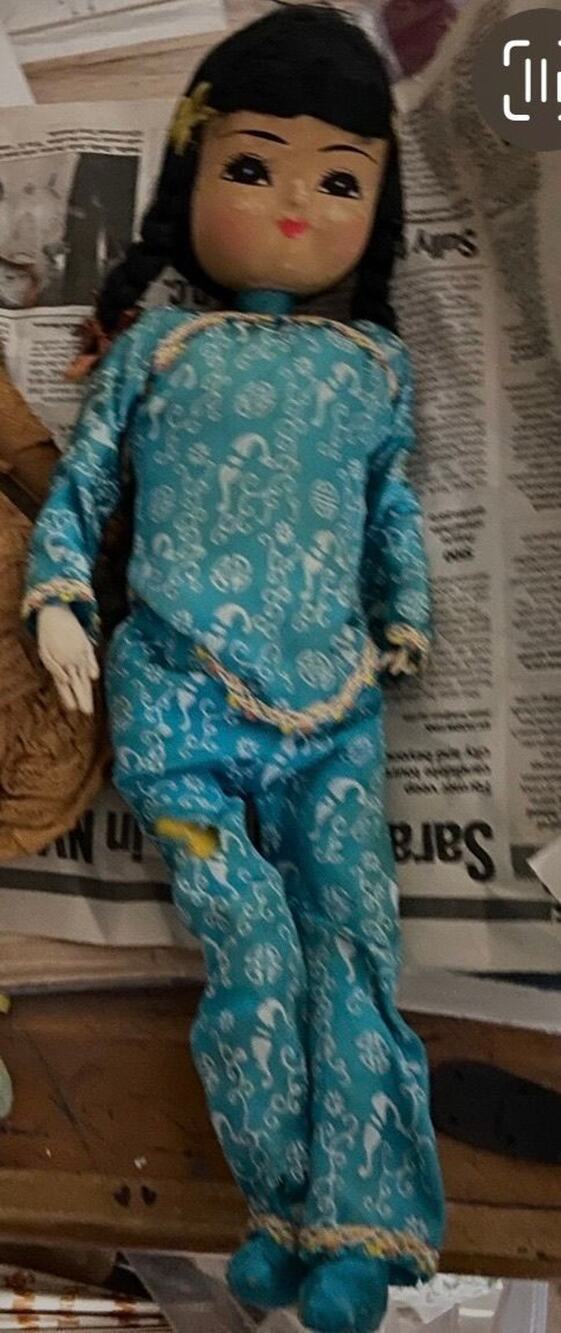 Vintage Asian Cloth Doll in Blue Outfit